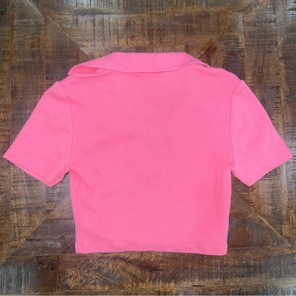 Zara Pink Collared V- Neck Ribbed Cropped Cotton Top Short Sleeve Women Sz M - Picture 6 of 8